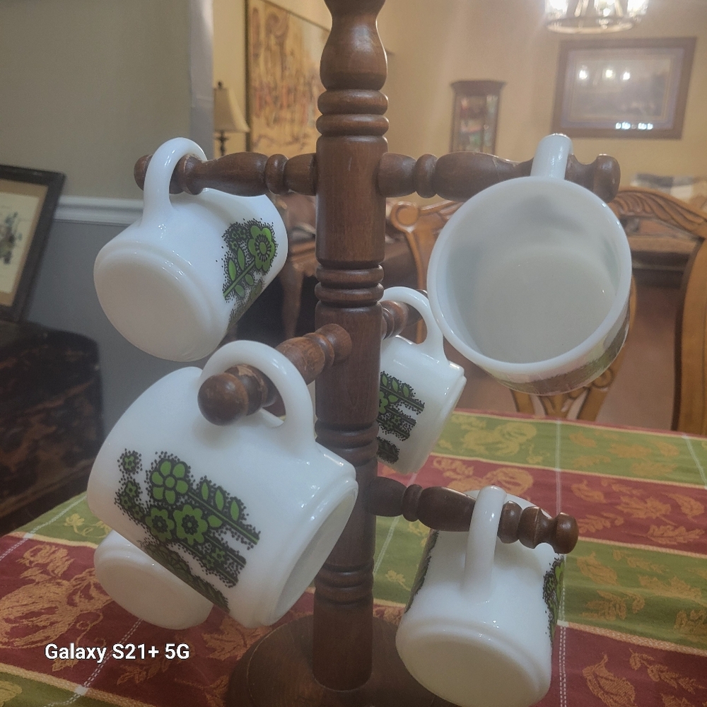 1950s Hazelware milk glass mug set with stand